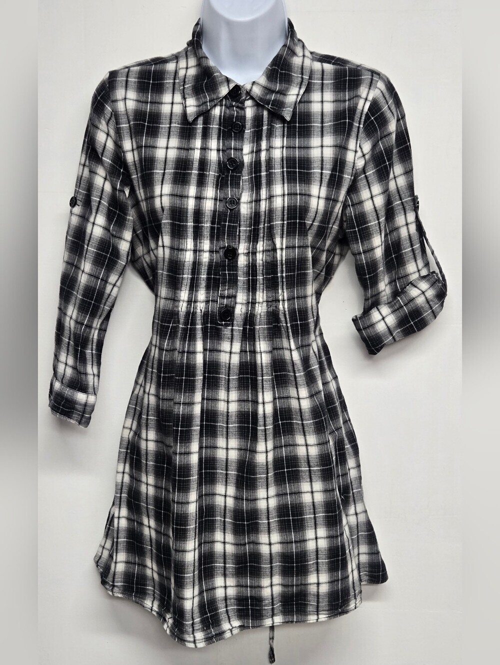 Apt. 9 M Top Collared Henly Pleated Roll Tab Sleeve Tie Back Plaid Cotton Tunic